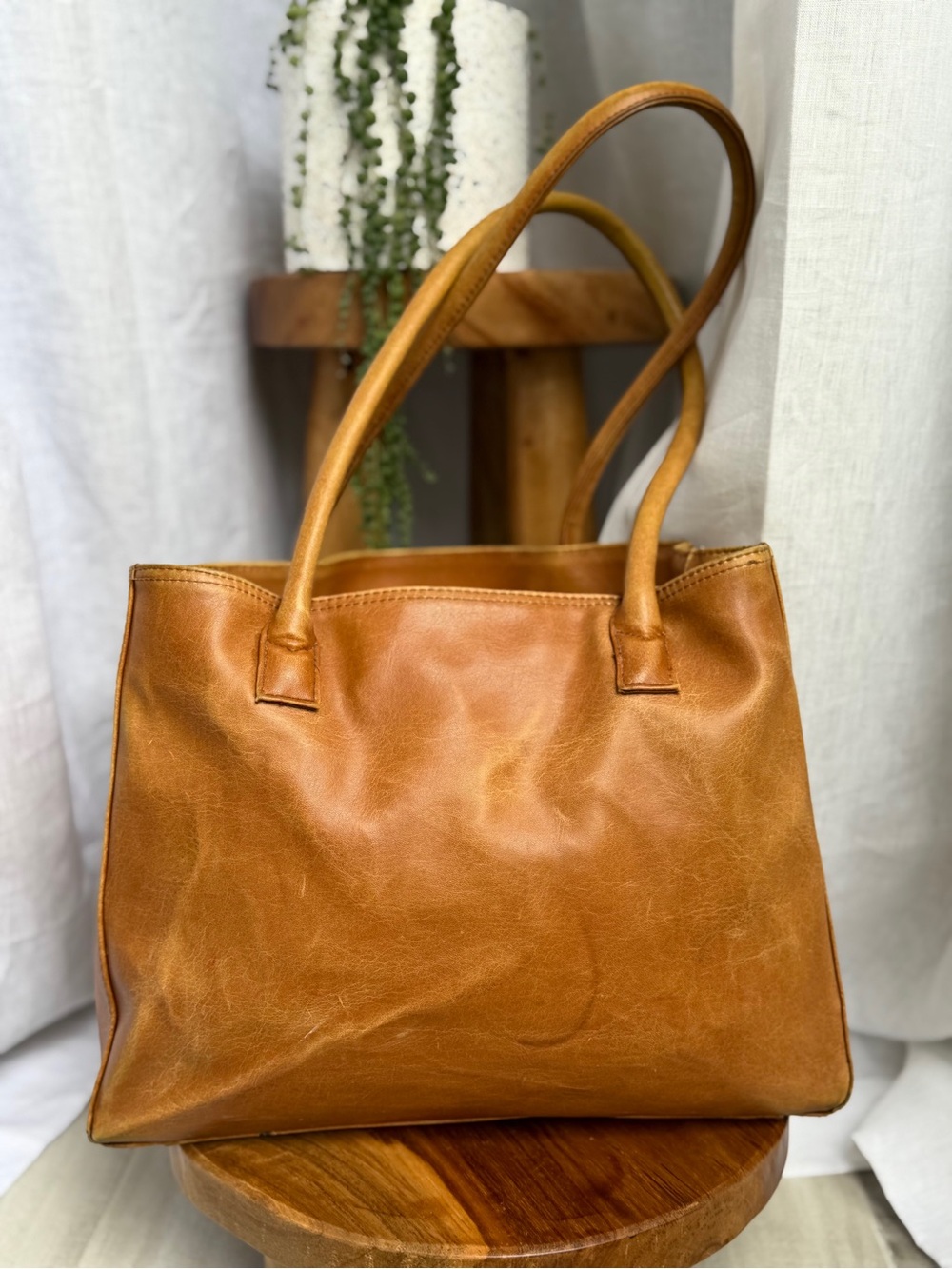 Accessorize Brand Cognac Leather Tote Perfectly Patinaed